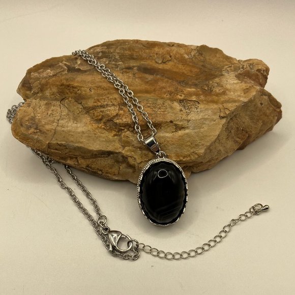 Obsidian Gemstone Pendant Necklace Stainless Steel 18 in Diamond Cut Chain - Picture 1 of 10